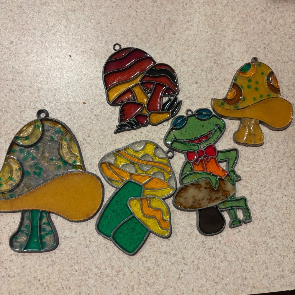 Vintage Faux Stained Glass Mushroom and Frog Suncatcher Set 5pc Retro Decor